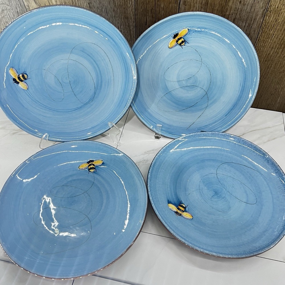 4 Pottery Barn 3D Bumble Bee Salad Plates Light Blue 8.5" MINT